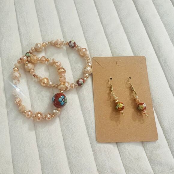 Vintage Set of 3 CLOISONNE Beaded Stretchy Bracelet and Dangle Earrings‎ - Picture 1 of 9